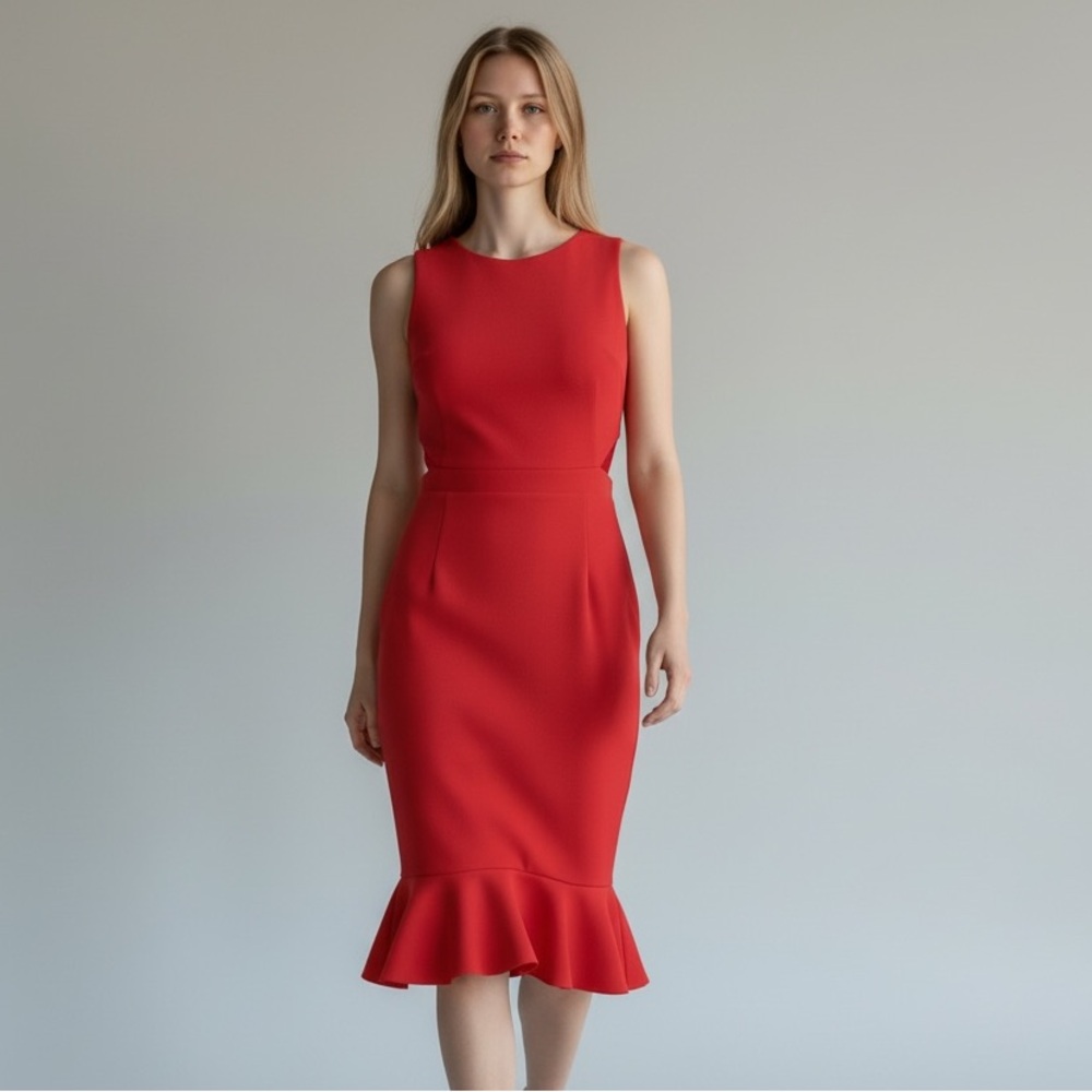 London Times Red Tulip Ruffle Hem Cocktail Dress Size 8